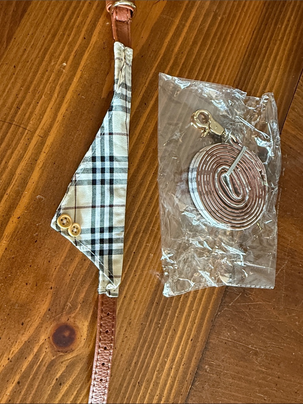 Small Plaid Dog Collar Bandana with Brown Leather Strap